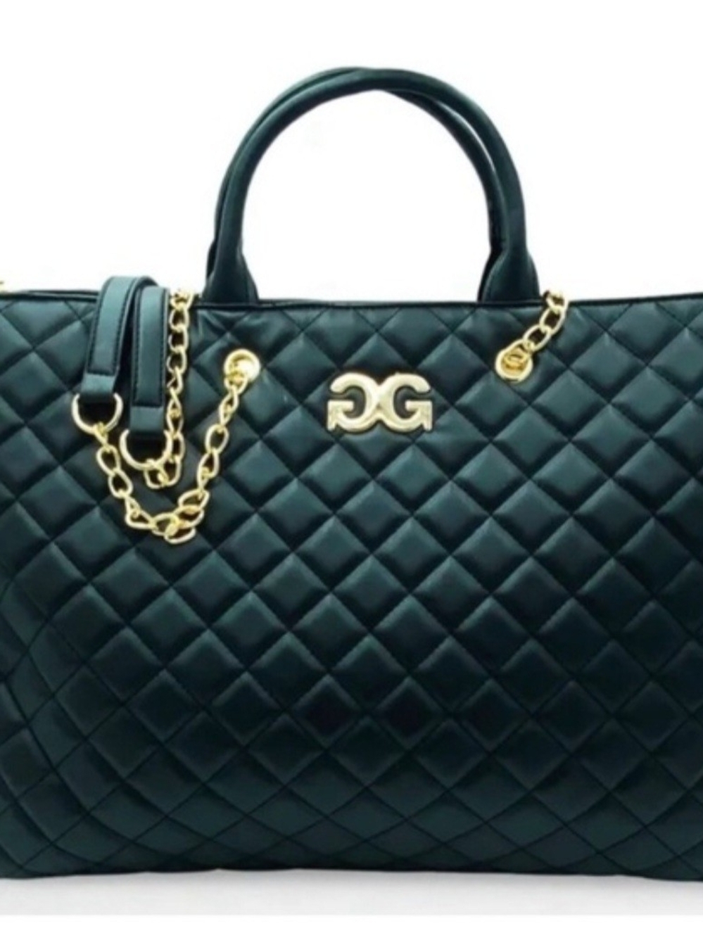 Quilted Black Tote with Gold Chain Accent